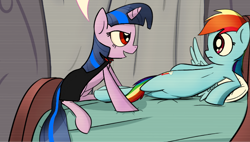 Size: 696x396 | Tagged: safe, artist:subjectnumber2394, edit, editor:pagiepoppie12345, rainbow dash, twilight sparkle, twilight twinkle, pegasus, pony, unicorn, g4, alicorn amulet, bed, bedroom, cape, clothes, evil twilight, evil twilight twinkle, female, golden oaks library, horn, lying down, mare, multicolored hair, on back, pillow, rainbow hair, red eyes, scared, smiling, spread wings, story included, unicorn twilight, what if, wings