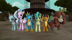 Size: 1024x576 | Tagged: safe, artist:tannerthecat1996, gallus, ocellus, sandbar, silverstream, smolder, yona, changedling, changeling, classical hippogriff, dragon, earth pony, griffon, hippogriff, pony, yak, g4, 3d, bow, cloven hooves, colored hooves, dragoness, female, hair bow, jewelry, male, monkey swings, necklace, ponyville town hall, source filmmaker, student six, teenager