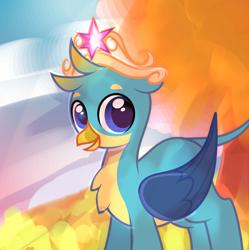 Size: 890x893 | Tagged: artist needed, source needed, safe, gallus, griffon, g4, autumn, big crown thingy, crown, cute, element of magic, gallabetes, jewelry, looking at you, open mouth, regalia, smiling, solo