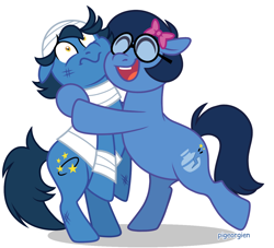 Size: 1200x1091 | Tagged: safe, artist:pigeorgien, earth pony, pony, bandage, bow, brother and sister, cute, duo, female, glasses, hair bow, hug, little miss whoops, male, mare, mr. bump, mr. men, ponified, show accurate, siblings, simple background, stallion, the mr. men show, white background