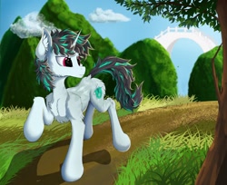 Size: 2168x1766 | Tagged: safe, artist:pixel mint, oc, oc only, oc:pixel mint, pony, unicorn, chest fluff, grass, horn, male, solo, stallion, unicorn oc, walking