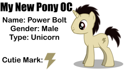 Size: 1671x965 | Tagged: safe, artist:awesomebrony, oc, oc only, oc:power bolt, pony, unicorn, hooves, horn, male, photo, simple background, smiling, solo, stallion, standing, text, unicorn oc, white background