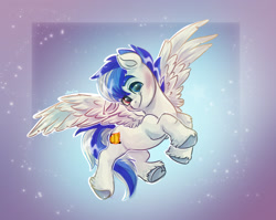 Size: 1502x1198 | Tagged: safe, artist:avui, oc, oc only, pegasus, pony, flying, heterochromia, looking at you, pegasus oc, solo, spread wings, unshorn fetlocks, wings