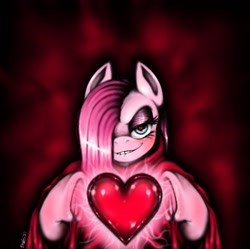 Size: 1280x1276 | Tagged: safe, artist:beobloodmoon, pinkie pie, earth pony, pony, g4, bedroom eyes, cloak, clothes, evil smile, female, floating heart, grin, hair over one eye, heart, heart eyes, lip bite, looking at you, mare, pinkamena diane pie, smiling, solo, wingding eyes