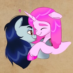 Size: 2048x2048 | Tagged: safe, artist:haruh_ink, bat pony, pony, undead, unicorn, vampire, vampony, adventure time, couple, duo, eyes closed, female, heart, high res, hug, lesbian, male, marceline, pink pony, ponified, princess bubblegum, shipping, tongue out