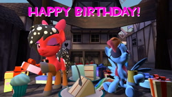 Size: 1280x720 | Tagged: safe, artist:dragonboi471, rainbow dash, oc, oc:cherry soda, earth pony, pegasus, pony, g4, 3d, birthday, gmod, pirate dash