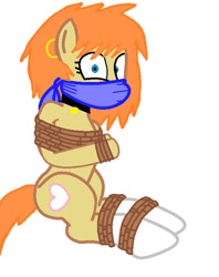 Size: 581x733 | Tagged: safe, alternate version, artist:bluesplendont, oc, oc only, oc:katie, earth pony, pony, bondage, cloth gag, ear piercing, gag, over the nose gag, piercing, rope, rope bondage, ropes, scared, shocked, shocked expression, simple background, solo, tied up, white background