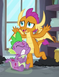 Size: 539x703 | Tagged: safe, screencap, smolder, spike, dragon, g4, molt down, season 8, cropped, molting, stone scales