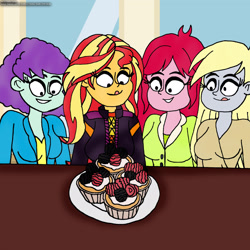 Size: 2320x2324 | Tagged: safe, artist:rdj1995, blueberry pie, derpy hooves, raspberry fluff, sunset shimmer, human, equestria girls, g4, female, food, group, high res, muffin, quartet, summer fruit muffins, the muffins