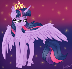 Size: 5000x4730 | Tagged: safe, artist:lostsheep, twilight sparkle, alicorn, pony, g4, absurd resolution, chest fluff, cloven hooves, crown, ear tufts, eyebrows, female, gradient background, jewelry, leonine tail, lidded eyes, mare, regalia, signature, smiling, solo, spread wings, stars, tail, twilight sparkle (alicorn), wings
