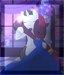 Size: 512x599 | Tagged: artist needed, safe, artist:decokenite, chancellor neighsay, fizzlepop berrytwist, tempest shadow, pony, unicorn, g4, base used, bracelet, broken horn, canterlot castle, clothes, dancing, dress, duo focus, eye scar, eyes closed, eyeshadow, female, flowing hair, gala, gala dress, gown, holding hooves, hoof on chest, hoof ring, horn, jewelry, makeup, male, mare, necklace, romantic, scar, shipping, stallion, straight, suit, tempest neighsay, tuxedo