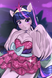 Size: 1181x1748 | Tagged: safe, alternate version, artist:namieart, twilight sparkle, human, equestria girls, g4, anime style, bare shoulders, big crown thingy, clothes, dress, element of magic, jewelry, ponied up, regalia, sleeveless, solo, strapless, wings
