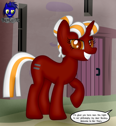 Size: 3840x4154 | Tagged: safe, artist:damlanil, oc, oc:sunday cream, pony, unicorn, brainwashed, comic, commission, egalitarianism, equal cutie mark, equalized, equalized mane, female, grin, horn, house, looking at you, mare, our town, raised hoof, show accurate, smiling, solo, speech bubble, text, vector