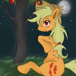 Size: 1127x1123 | Tagged: safe, artist:ponysprinkles, applejack, bat pony, pony, g4, alternate cutie mark, apple, apple tree, applebat, applejack's hat, bat ponified, cowboy hat, female, food, freckles, hat, mare, moon, night, outdoors, profile, race swap, solo, tree