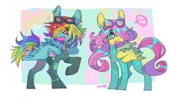 Size: 1474x850 | Tagged: safe, artist:cutesykill, fluttershy, rainbow dash, pegasus, pony, g4, abstract background, duo, duo female, ear piercing, earring, emanata, eyebrows, eyebrows visible through hair, female, full body, goggles, hair over one eye, jewelry, looking at you, mare, open mouth, passepartout, piercing, raised hoof, speech bubble, wings