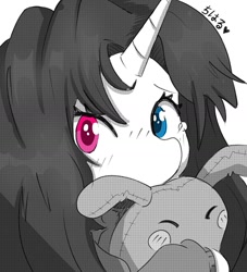 Size: 1440x1584 | Tagged: safe, artist:ishikawachichan, oc, oc only, pony, unicorn, art tra, bust, clothes, female, heart, heterochromia, horn, japanese, looking at you, mare, plushie, portrait, simple background, solo, white background