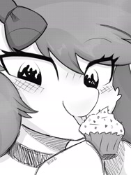 Size: 1440x1920 | Tagged: safe, artist:ishikawachichan, oc, oc only, pony, cupcake, eating, eye clipping through hair, female, food, grayscale, happy birthday, japanese, licking, mare, monochrome, solo, tongue out