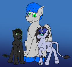 Size: 824x772 | Tagged: safe, artist:recordmelodie, oc, oc:anthonystone, oc:eytlin, oc:record melodie, pegasus, pony, sphinx, simple background, sitting, size difference