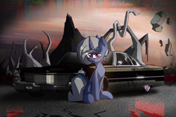 Size: 2215x1479 | Tagged: safe, artist:rainydark, oc, oc only, oc:rain, pony, unicorn, abstract background, cadillac, cadillac deville, car, horn, male, solo, sunset, unicorn oc