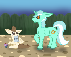 Size: 1280x1024 | Tagged: safe, artist:lil_vampirecj, lyra heartstrings, pound cake, pegasus, pony, unicorn, g4, colored, colt, cupcake, duo, female, flat colors, foal, food, male, mare, scene, shocked, shocked expression, simple shading, stealing