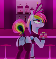 Size: 2992x3150 | Tagged: safe, artist:drakang, rainbow dash, pegasus, pony, g4, alcohol, bunny suit, butt, clothes, female, high res, mare, nightclub, plot, sexy, solo, stupid sexy rainbow dash, suit, waitress, wide eyes