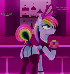 Size: 2992x3150 | Tagged: safe, alternate version, artist:drakang, rainbow dash, pegasus, pony, g4, bunny suit, butt, clothes, female, high res, mare, nightclub, plot, sexy, solo, stupid sexy rainbow dash, suit, text, waitress