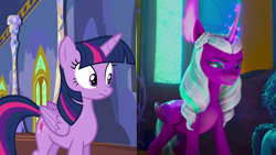 Size: 1280x720 | Tagged: safe, edit, edited screencap, screencap, misty brightdawn, opaline arcana, twilight sparkle, alicorn, pony, g4, g5, my little pony: make your mark, my little pony: make your mark chapter 2, portrait of a princess, to where and back again, spoiler:g5, spoiler:my little pony: make your mark, comparison, disguise, disguised changeling, fake twilight, female, mare, twilight sparkle (alicorn)