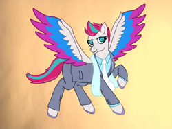 Size: 4160x3120 | Tagged: safe, artist:jesterofdestiny, zipp storm, pegasus, pony, g5, button-up shirt, clothes, dress shirt, female, mare, necktie, raised hoof, scarf, shirt, simple background, solo, spread wings, suit, wings