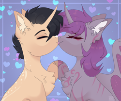 Size: 2600x2160 | Tagged: artist needed, safe, oc, oc:ametist bell, oc:mihana, bat pony, pony, unicorn, female, high res, kissing, male, profile, simple background