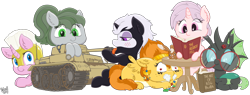 Size: 4092x1550 | Tagged: safe, artist:wispy tuft, oc, oc only, oc:meridian, oc:pitchblende, oc:red pill, oc:s.leech, oc:wispy tuft, oc:yvette (evan555alpha), changeling, pony, sphinx, unicorn, armor, book, glasses, green changeling, group, jewelry, lego, luchs, panzer, png, simple background, sucking, table, tank (vehicle), transparent background