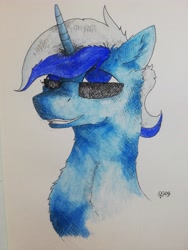 Size: 3456x4608 | Tagged: safe, artist:hrabiadeblacksky, minuette, pony, unicorn, g4, blue, blue eyes, female, mare, simple background, sunglasses, traditional art, watercolor painting, white background