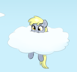 Size: 801x756 | Tagged: safe, artist:heretichesh, derpy hooves, pegasus, pony, g4, cloud, cute, derpabetes, derpy being derpy, female, filly, filly derpy, foal, happy, simple background, sky, solo, stuck, stuck in a cloud, younger