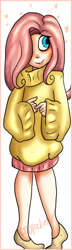Size: 482x1666 | Tagged: safe, artist:odd-pocket, fluttershy, human, g4, 2011, blushing, clothes, cute, female, hair over one eye, heart, humanized, old art, shy, shyabetes, simple background, solo, sweater, sweatershy, white background