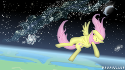 Size: 1920x1080 | Tagged: safe, artist:heart0fthestorm, fluttershy, pegasus, pony, g4, atmosphere, eyes closed, faint, falling, female, galaxy, mare, solo, space, spread wings, stars, wallpaper, wings