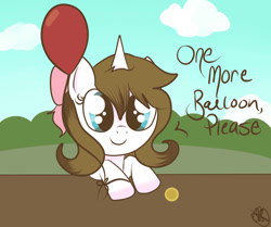 Size: 1069x895 | Tagged: safe, artist:balloons504, oc, oc only, oc:balloons, pony, unicorn, balloon, bow, coin, cute, female, happy, horn, mare, smiling, solo, stand, that pony sure does love balloons, unicorn oc