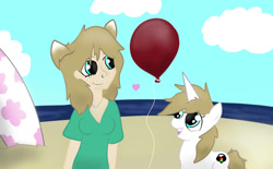Size: 1077x666 | Tagged: safe, artist:balloons504, oc, oc only, oc:balloons, human, pony, unicorn, balloon, beach, female, heart, mare, ocean, sand, surfboard, that pony sure does love balloons, water, woman