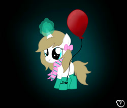Size: 734x626 | Tagged: safe, artist:balloons504, oc, oc only, oc:balloons, pony, unicorn, balloon, black background, bow, clothes, female, filly, foal, magic, scarf, simple background, socks, solo, telekinesis, that pony sure does love balloons, younger
