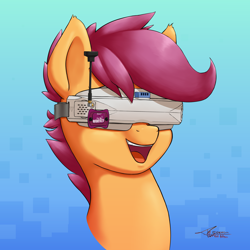 Size: 4000x4000 | Tagged: safe, artist:r5on11c, scootaloo, pegasus, pony, g4, bust, cute, cutealoo, drone, fpv, happy, simple background, solo