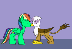 Size: 1568x1080 | Tagged: safe, artist:platinumdrop, gilda, oc, g4, canon x oc, female, interspecies, kissing, male, request, shipping, straight