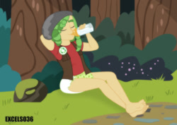 Size: 935x661 | Tagged: safe, artist:excelso36, sandalwood, human, equestria girls, g4, abdl, baby bottle, barefoot, chillaxing, diaper, diaper fetish, diapered, everfree forest, eyes closed, feet, fetish, forest, male, male feet, non-baby in diaper, relaxing