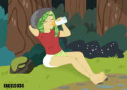 Size: 935x661 | Tagged: safe, alternate version, artist:excelso36, part of a set, sandalwood, human, equestria girls, g4, abdl, baby bottle, barefoot, chillaxing, diaper, diaper fetish, diapered, everfree forest, eyes closed, feet, fetish, forest, male, male feet, non-baby in diaper, relaxing