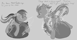 Size: 1572x828 | Tagged: safe, artist:retl, lightning dust, rainbow dash, pegasus, pony, g4, balloon, balloon riding, butt, dialogue, duo, featureless crotch, grayscale, monochrome, plot, static electricity, that pony sure does love balloons