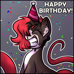 Size: 4500x4500 | Tagged: safe, artist:sadfloorlamp, oc, oc only, oc:torsher, hybrid, pony, absurd resolution, birthday, confetti, countershading, cute, eyebrows, eyes closed, female, gradient background, grin, happy birthday, hat, mare, nose piercing, ocbetes, party hat, piercing, ponified, septum piercing, signature, smiling, snake tail, solo, tail, teeth