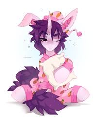 Size: 2472x3064 | Tagged: safe, artist:zlatavector, oc, oc only, oc:lapush buns, pony, unicorn, clothes, commission, hat, high res, male, nightcap, one ear down, outfit, pajamas, pillow, sleepy, solo, stallion