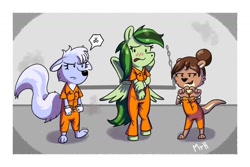 Size: 1500x1004 | Tagged: safe, artist:harinezumi_mr, oc, oc only, oc:eden shallowleaf, otter, pegasus, skunk, anthro, clothes, commission, cuffs, furry, furry oc, jail, prison, prison outfit, prisoner