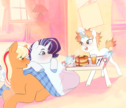 Size: 2028x1738 | Tagged: safe, artist:aztrial, applejack, rarity, oc, oc:southern belle, earth pony, pony, unicorn, g4, child, daughter, female, food, juice, lesbian, magical lesbian spawn, mother, mother and child, mother and daughter, offspring, orange juice, pancakes, parent:applejack, parent:rarity, parents:rarijack, ship:rarijack, shipping