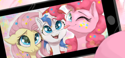 Size: 2300x1080 | Tagged: safe, artist:shaslan, fluttershy, pinkie pie, oc, oc:britannia (uk ponycon), earth pony, pegasus, pony, g4, :p, tongue out