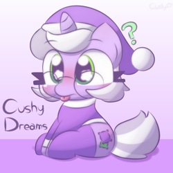 Size: 2000x2000 | Tagged: safe, artist:cushyhoof, oc, oc only, oc:cushy dreams, pony, unicorn, blushing, clothes, cute, female, glasses, gradient background, hat, high res, horn, mare, nightcap, pajamas, question mark, sitting, socks, solo, text, tongue out, unicorn oc
