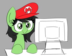 Size: 1014x796 | Tagged: safe, artist:pizzahutjapan, oc, oc:filly anon, earth pony, pony, computer, female, filly, foal, mario hat, solo