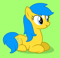 Size: 758x738 | Tagged: safe, artist:jigglewiggleinthepigglywiggle, bubbles (g1), earth pony, pony, g1, g4, adorabubbles, base used, blue eyes, blue hair, blue mane, blue tail, coat markings, cute, facial markings, female, g1 to g4, generation leap, green background, lying down, mare, open mouth, open smile, prone, shadow, simple background, sitting, smiling, solo, star (coat marking), tail